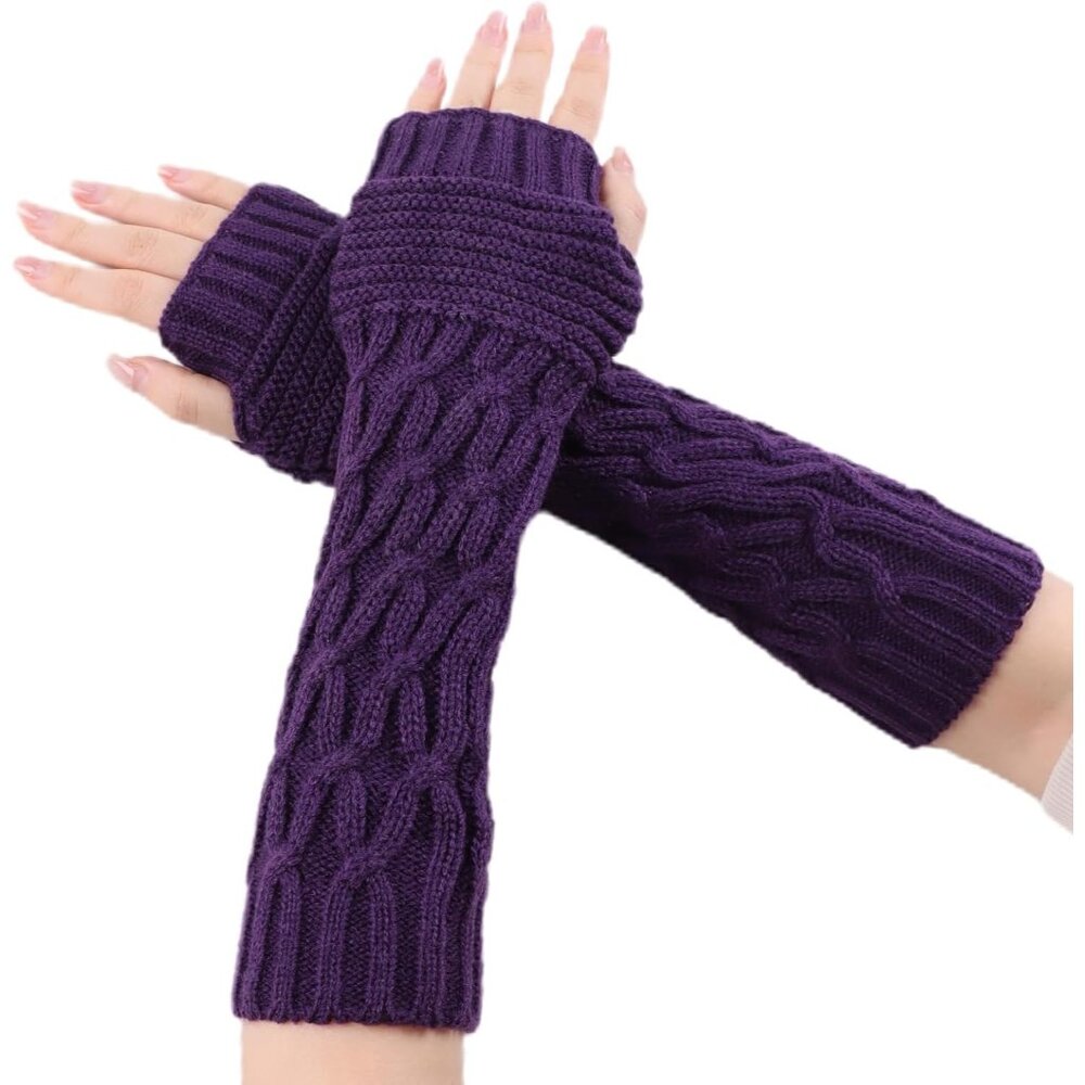 Women's Purple Thumb Hole Warm Arm Sleeves Fingerless Knit Wrist Mittens Gloves